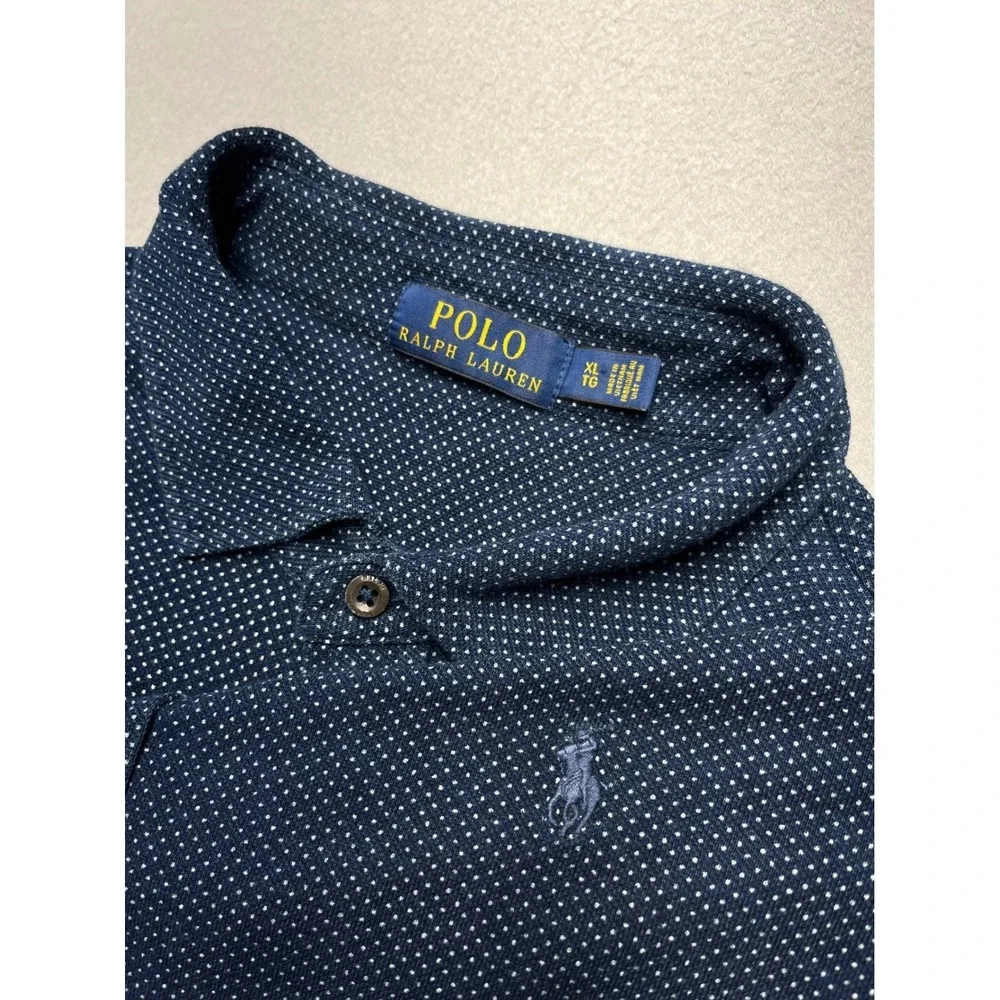 Rare Polo Ralph Lauren Mens XL Navy Blue Polka Dot Cotton Knit Button Down Shirt